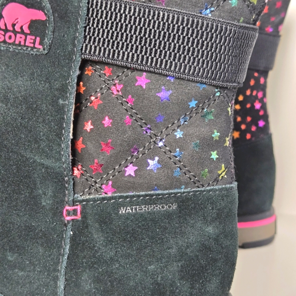 Sorel Rylee Waterproof Black Suede Warm Lined Pink Stars Toddler Girl Sz 5 Boots - Picture 6 of 8